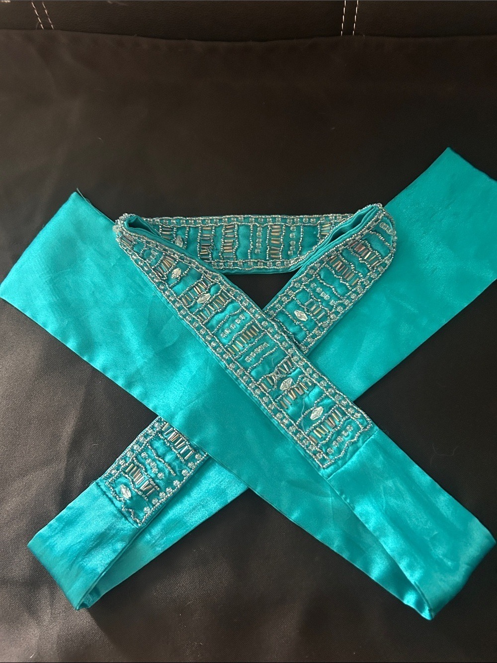 Turquoise Beaded Satin Sash Belt - 34 inches